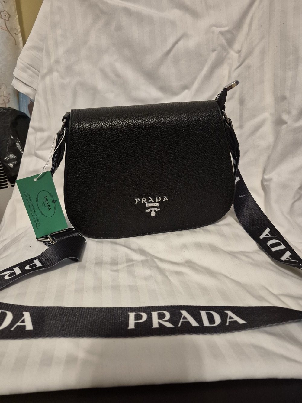 Prada Black Leather Crossbody Bag with Logo Strap